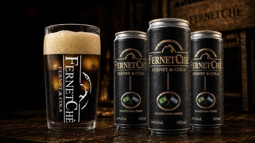 Copo e latas de Fernetchê sobre balcão de madeira